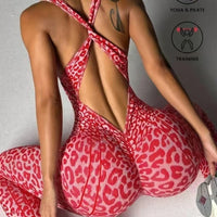Sexy Leopard Print Sports Jumpsuits for Women V-neck Backless Yoga Bodysuit Female Sleeveless Tight Gym Running Fitness Overalls