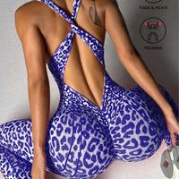 Sexy Leopard Print Sports Jumpsuits for Women V-neck Backless Yoga Bodysuit Female Sleeveless Tight Gym Running Fitness Overalls