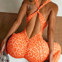 Sexy Leopard Print Sports Jumpsuits for Women V-neck Backless Yoga Bodysuit Female Sleeveless Tight Gym Running Fitness Overalls