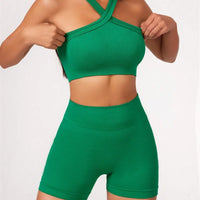 2Pcs Yoga Sets Naked Feel Gym Set Women Workout Clothes High Waist Yoga Shorts And Strappy Sports Bra Short Sets Summer