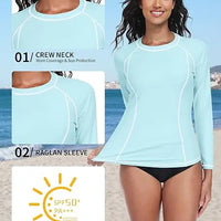 Anfilia Women Long Sleeve Rash Guard UPF 50+ Rash Vest Quick Dry Athletic Shirts Top (No Botttom)
